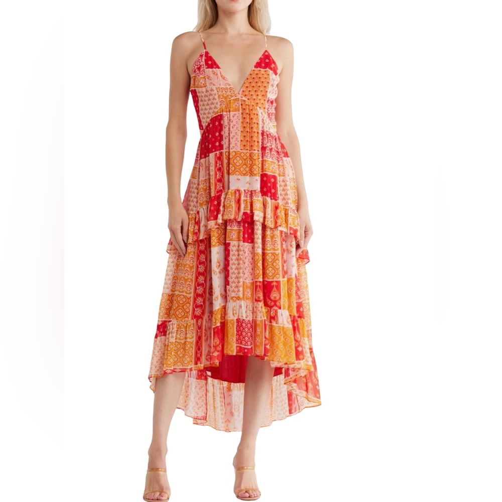 Ramy Brook Lura Patchwork Tiered High Low Sundress Size 6 Boho Resort Red Orange